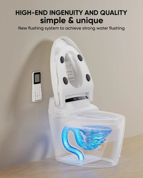 Premium Smart Toilet With Built In Bidet, Tankless Heated Seat, Aggressive Flush System, And Warm Water Spray side view with remote and flush system.