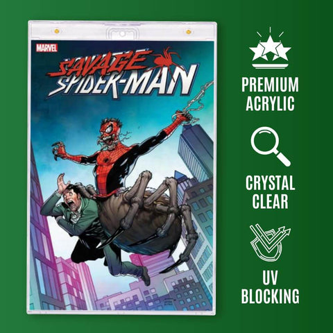 Current Size Comic Book Display Case Holder Magnetic Protector With Diamond Corners displaying Marvel's Savage Spider-Man