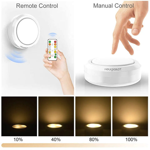 Under Cabinet Puck Lights Remote Battery Operated Wireless Stick On 4 Pack showing remote and manual control options