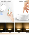 Puck Lights With Remote Control For Under Cabinet And Counter Lighting showing remote and manual controls, 6 pack, white