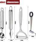 4-piece stainless steel kitchen tool set with spiral and V blade: spoon, serrated tip, heart-hole peeler, spiral peeler.