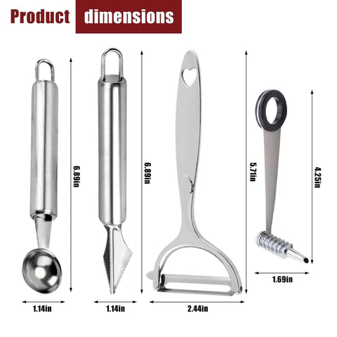 4-piece stainless steel kitchen tool set with spiral and V blade: spoon, serrated tip, heart-hole peeler, spiral peeler.