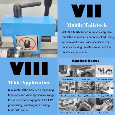 Heavy Duty Mini Metal Lathe Rigged Out With A Smooth One Horsepower Brushless Motor And Rock Solid Cast Iron Base showing mobile tailstock for precise operation.