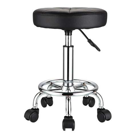 Round Rolling Stool With Wheels Height Adjustable Swivel Chair For Spa Salon Massage Black Comfy PU Leather Esthetician Stool