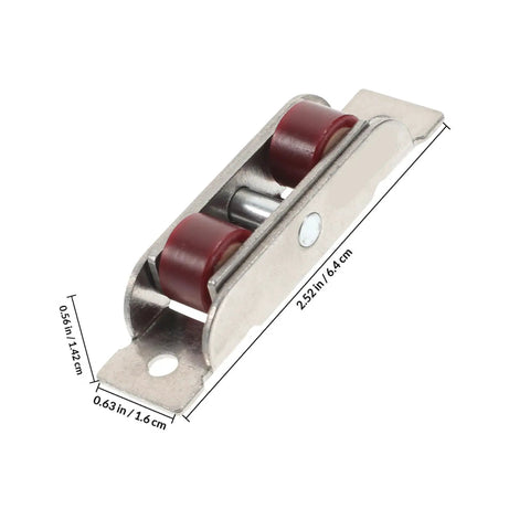 Heavy Duty Stainless Steel Sliding Window Sash Pulleys 4 Pack Double Roller Wheels For Slick Track Repair And Long Lasting No Fuss Window Sash Replacement Hardware, close-up of a stainless steel roller with red wheels.