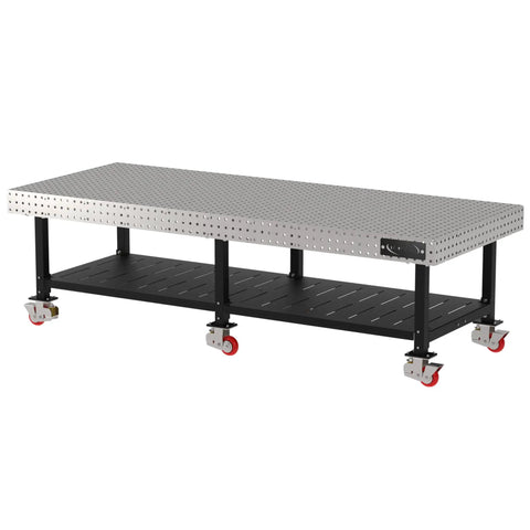 Tough As Nails Mobile Welding Fixture Table 120 X 48 X 36 Inches heavy duty steel workbench with laser cut grid and rolling storage shelf.