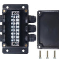 All Weather IP67 Junction Box For Indoor And Outdoor Electrical Projects With Eight Position 15 Amp Barrier Terminals, Three In Three Out Cable Glands, Rugged Built Tough Plastic Enclosure, Weatherproof Outdoor Grade, 3.94 By 2.68 By 1.97 Inches, black ABS box open with terminal block and cover