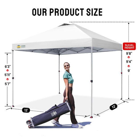 Woman with 12x12 Ft Pop Up Canopy Tent With Instant Center Lock showcasing height options, UV protection, and storage bag
