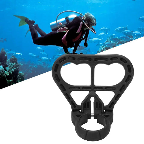 Scuba Tank Carry Handle and Folding Dive Holder Grip for 42-44mm Cylinders, displayed against underwater diving scene.