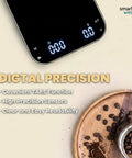 Precision Coffee Scale With Timer For Espresso And Pour Over, displaying LED, coffee beans beside it, USB-C rechargeable.