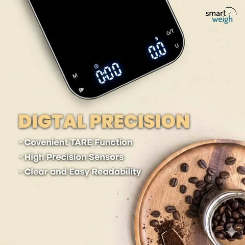 Precision Coffee Scale With Timer For Espresso And Pour Over, displaying LED, coffee beans beside it, USB-C rechargeable.