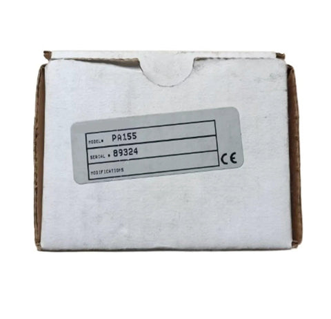 Front view of PA155 electric proportional valve packaging box, model PA155, serial 89324, CE mark.