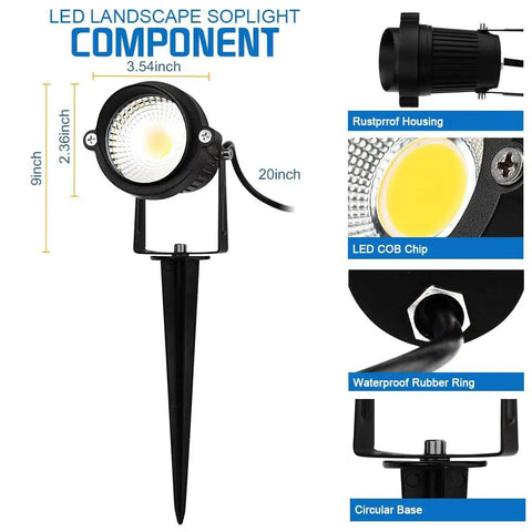 10 Pack 5W Outdoor LED Landscape Spotlights, 5000K Daylight Brightness For Flags And Gardens, product component details