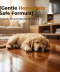 Hassle Free Wood Floor Restorer And Hardwood Scratch Repair Slicks Up Dull Surfaces Without Sanding Quick Revitalizer for Smooth Flooring with a cozy puppy on polished wooden floors.