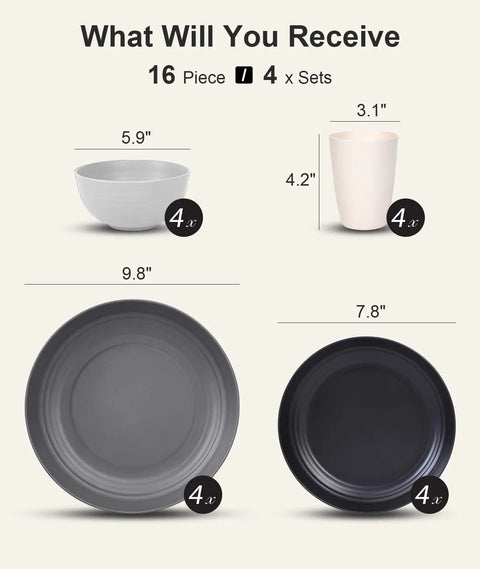 16 Piece Unbreakable Plastic Dinnerware Set For 4, Tough As Nails And Lightweight, Includes Plates Bowls Cups And Salad Plates