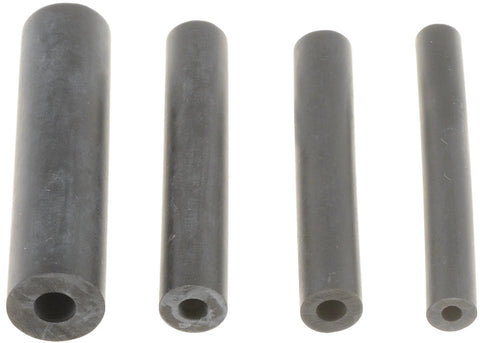 4-piece set of black rubber vacuum tubing connectors; hollow centers; bore sizes 1/8, 5/32, 3/16, 1/4 in
