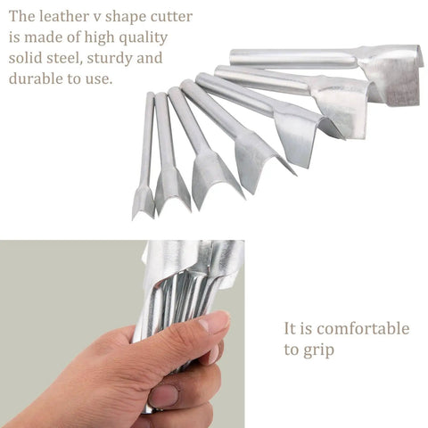 V Shaped Leather Punch Kit, 7 Piece Leather Craft Cutting Tools in solid steel with ergonomic grip visible