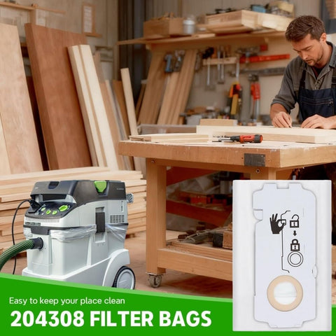 Premium Dust Filter Bags For CT Series Vacuum Cleaners Compatible With CT Mini I MIDI CTC CT 15 Models 10 Pack shown in workshop