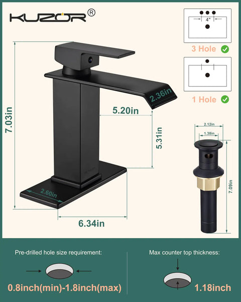 Matte Black Waterfall Bathroom Faucet For Single Hole Sinks With 304 Stainless Steel Construction, Metal Pop Up Drain