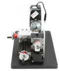Aumotop 24W Mini Lathe Machine with High Speed Steel Tool shown from the front on a black base, designed for soft metal DIY projects.