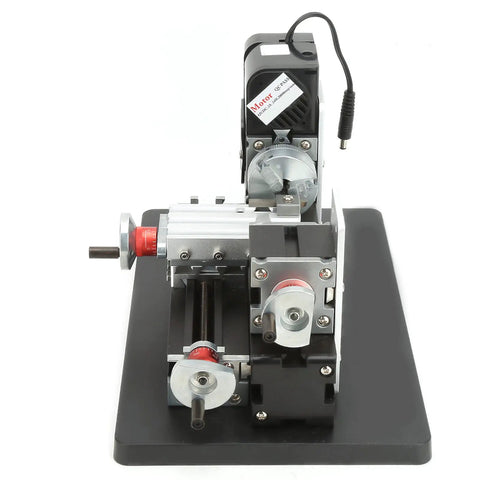 Aumotop 24W Mini Lathe Machine with High Speed Steel Tool shown from the front on a black base, designed for soft metal DIY projects.