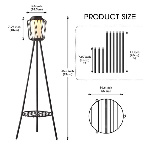 Diagram of Metal Solar Floor Lamp With Plant Stand Outdoor Waterproof Lantern Lights For Patio Deck Yard Garden Porch 1 Pack Black Weatherproof Outdoor Lighting With Sturdy Tripod Dope Durable, showing dimensions and tripod design.
