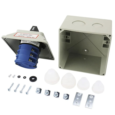 Three Phase Rotary Changeover Switch 40A 660V with 12 Terminal Cam Selector and waterproof box, disassembled view with components