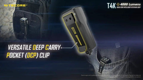 Pocket Powerhouse 4000 Lumen Keychain Flashlight With Type C Rechargeable Battery clipped to backpack and jeans pocket