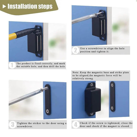 Installation steps for Heavy Duty Magnetic Door Catch Kit For Cabinets Closets And Furniture Doors, includes mounting screws.