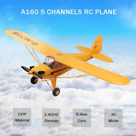 A160 J3 Brushless RC Plane With 5CH 3D/6G Modes in flight, showcasing lightweight EPP build and detachable wing on a cloudy backdrop