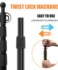 Close-up of twist lock mechanism on Tarp Poles Set Of 4 8.37 Ft Telescoping Aluminum Poles with non-slip cone bottom for canopies.