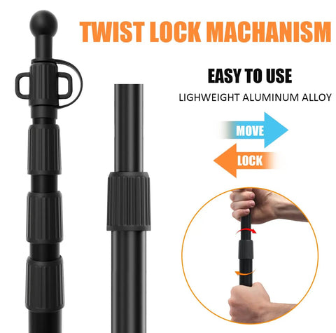 Close-up of twist lock mechanism on Tarp Poles Set Of 4 8.37 Ft Telescoping Aluminum Poles with non-slip cone bottom for canopies.