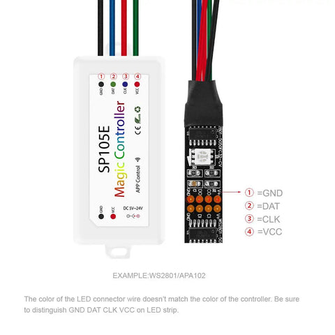 Wireless Bluetooth Controller SP105E for LED Strips and Pixel Modules with wiring diagram shown