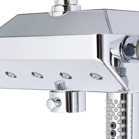 Close-up of HomeStock Modern Rain Shower System with Handheld Sprayer, Oversized Head, and Air Infusion Technology, Chrome Finish.