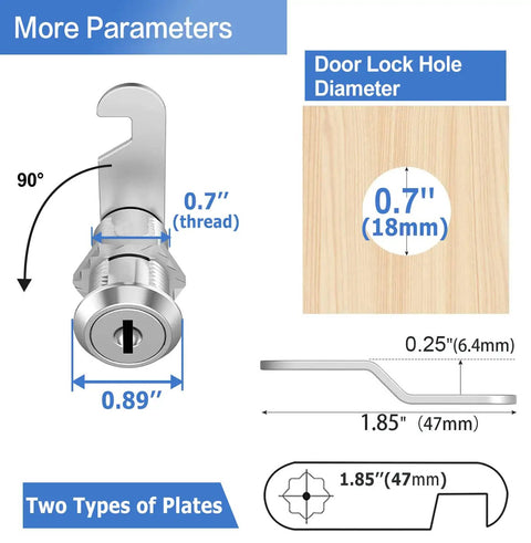 Pro Grade Zinc Alloy Cam Locks Keyed Alike 1 1/8 Inch Cylinder dimensions and plate specifications for installation.