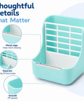Heavy Duty 2 In 1 Hanging Hay Rack And Water Bottle Combo With Spacious Food Bowl for bunnies, showing metal edge and smooth PP plastic.