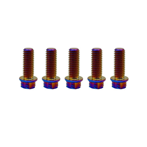 Burnt Blue Titanium Motorcycle Bolts M10 1.5 Hex Torx Head Pack Of 5 Beefy Dual Drive Flange Bolts displayed in a line
