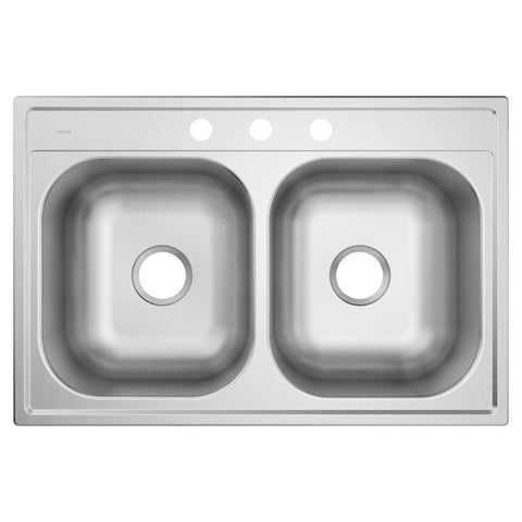 Top view of 33 Inch 20 Gauge Double Bowl Stainless Steel Kitchen Sink With QuickMount Drop In Design For Quiet Operation And Easy Fit