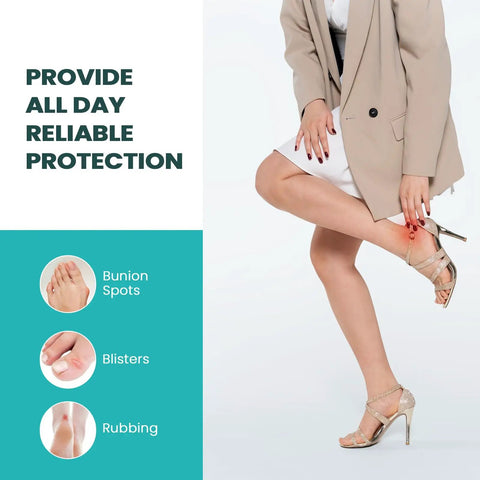 Woman in heels with bunion spots and blisters, using Hydrocolloid Gel Blister Bandages Variety Pack 32 Count Waterproof Adhesive Pads.