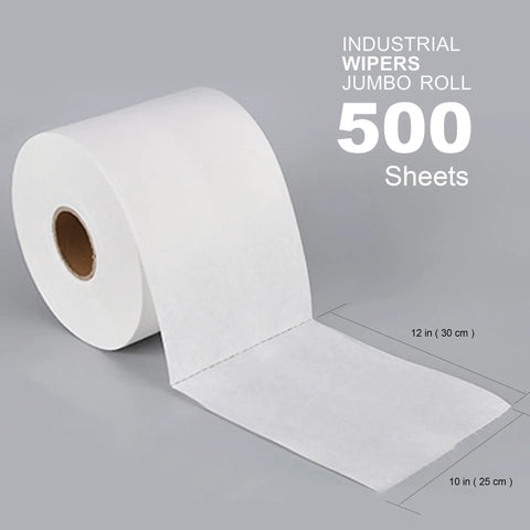 Top Notch Heavy Duty Industrial Shop Towels Multipurpose Cleanroom Wipes 500 Count white jumbo roll, cellulose polyester blend, 12x10 inches.