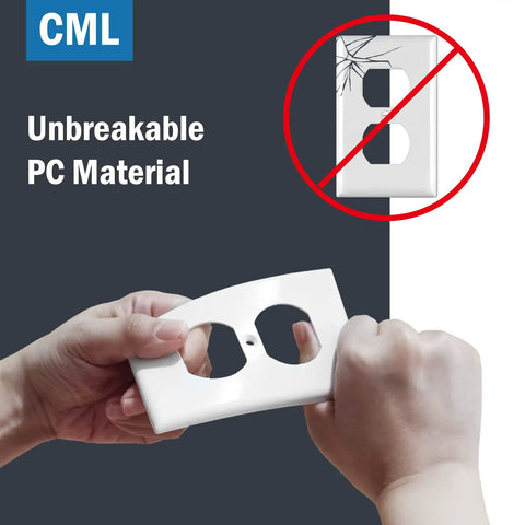 Hands bending a Duplex Outlet Covers Wall Plates 50 Pack 1 Gang White Dual Receptacle Faceplates 2.76 x 4.5 Inches UL Listed