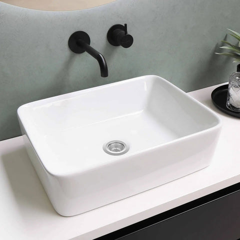 White rectangular sink with black faucet, features two pack stainless steel bathtub drain strainers with deep basket design hair catcher.