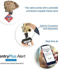 Bronze 1 Inch Heavy Duty Pressure Vacuum Breaker with freeze sensor and SentryPlus Alert tech shown in use and packaging.
