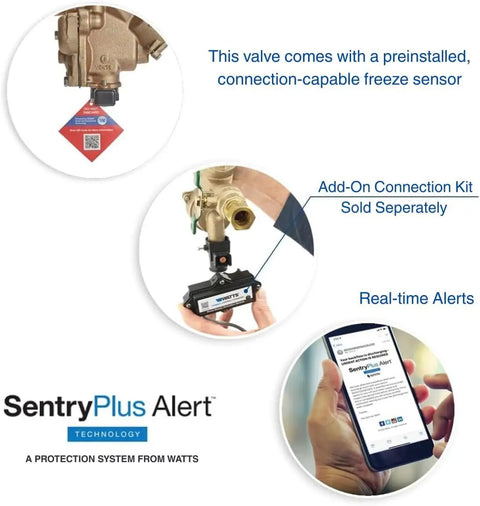 Bronze 1 Inch Heavy Duty Pressure Vacuum Breaker with freeze sensor and SentryPlus Alert tech shown in use and packaging.