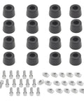 16 Complete Sets Anti Vibration Feet Kit With 20mm Rubber Pads For 2020 Aluminum Extrusion Includes 16 Rubber Feet, 16 T Nuts, 16 M4x12 Screws, And 1 Wrench For Rock Solid Stability On Heavy 3D Printers And CNC Machines, shown with feet and hardware