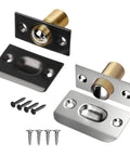 12pc Invisible Wooden Cabinet Door Catch Ball Latch Kit With Elastic Adjustable Spring Bead Mechanism For Closet Lock Install Hide Screws And Punching Tools Seamlessly, showing silver and black latches with screws.