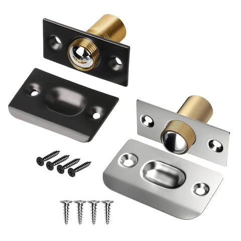 12pc Invisible Wooden Cabinet Door Catch Ball Latch Kit With Elastic Adjustable Spring Bead Mechanism For Closet Lock Install Hide Screws And Punching Tools Seamlessly, showing silver and black latches with screws.