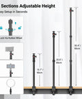 Diagram showing 3 heights of Desktop Camera Mount Stand 15 To 35 Inches with 1/4 inch ball head and C clamp setup instructions.