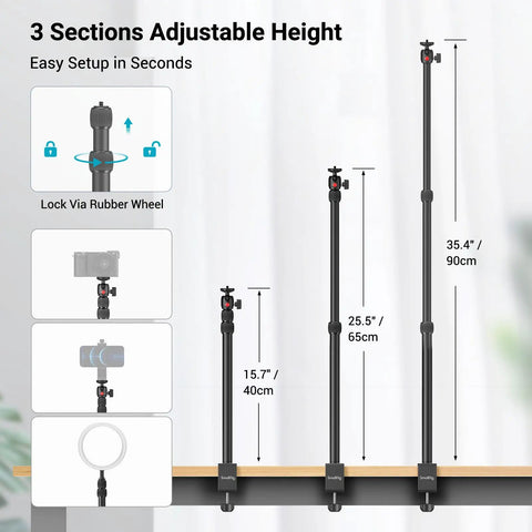 Diagram showing 3 heights of Desktop Camera Mount Stand 15 To 35 Inches with 1/4 inch ball head and C clamp setup instructions.