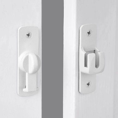 Dead Simple Matte White Gate Lock For Aluminum Barn Doors seamless latch view with mounting hardware on a white door.